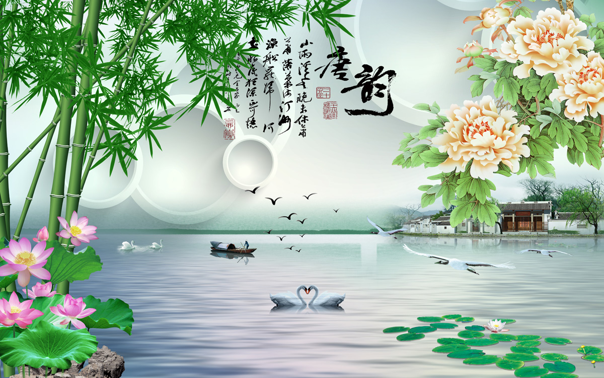 Фотообои Лебеди и бамбук 3Д