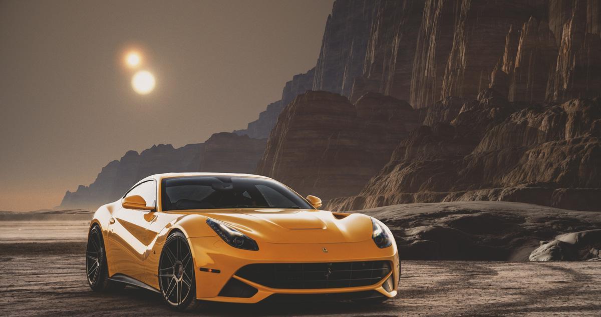 Фотообои Желтый автомобиль на фоне гор