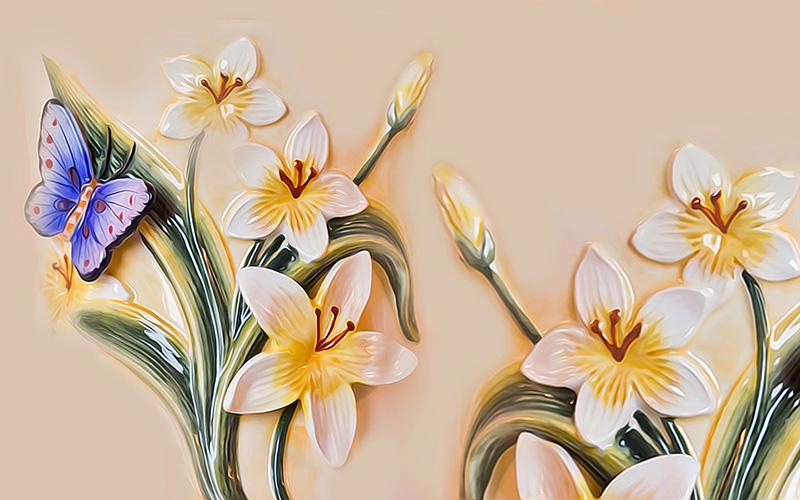 Фотообои Керамические 3Д цветы с иероглифами Код:10882