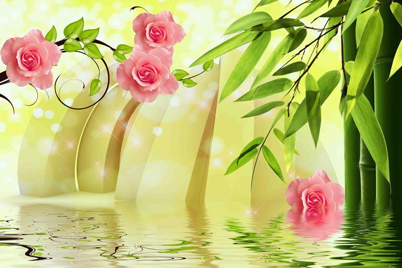 Фотообои Розы и бамбук с отражением Код:11146